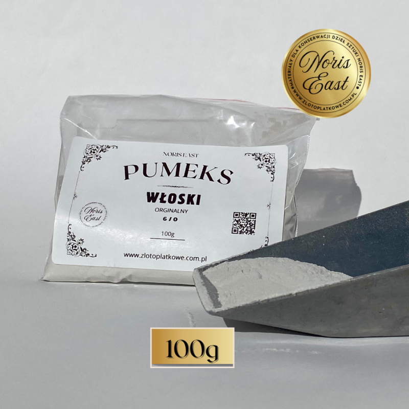 Pumeks włoski 6/0 – bardzo drobna mączka do polerowania politur, złocenia i powierzchni drewnianych. Opakowanie 100 g.