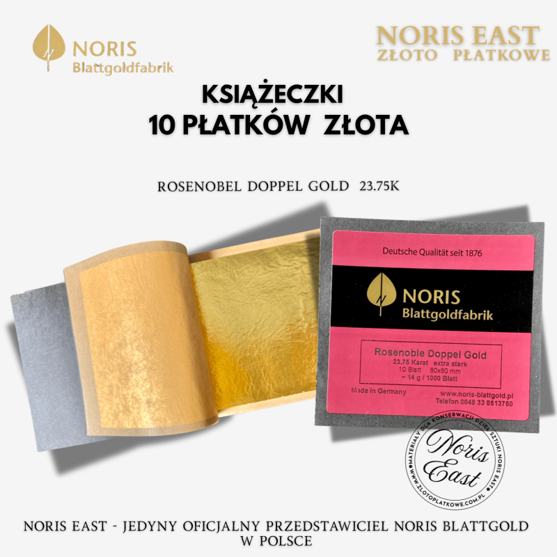 złoto płatkowe, Rosenobel Doppelgold 23.75K , 23 3/4 Noris, książeczka 10 płatków