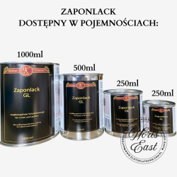 Zaponlack dostępny w pojemnościach 1l, 0,25l, 0,5l, 0,1l