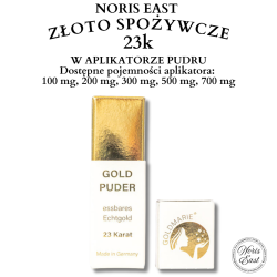 Jadalne złoto 23k w aplikatorze pudru – dekoracja spożywcza E175 | 100–700 mg, Noris East złoto spożywcze
