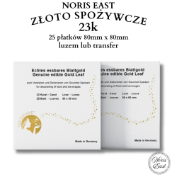 Złoto płatkowe spożywcze 23 Karat, 25 płatków 50mm x 50mm - luzem lub transfer, NORIS EAST POZŁOTNICTWO, ZŁOTO JADALNE