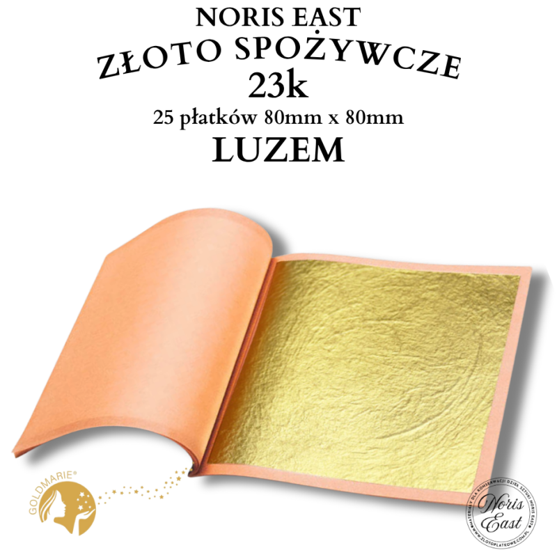Złoto płatkowe spożywcze 23 Karat, 10 płatków 80mm x 80mm - luzem lub transfer, Noris East pozłotnictwo